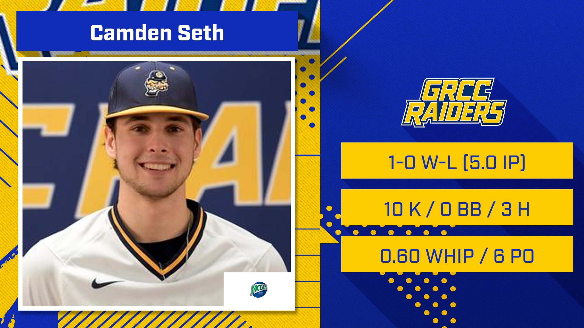 GRCC's Seth Earns First Career MCCAA Northern Conference Baseball Pitcher of the Week2 Honor