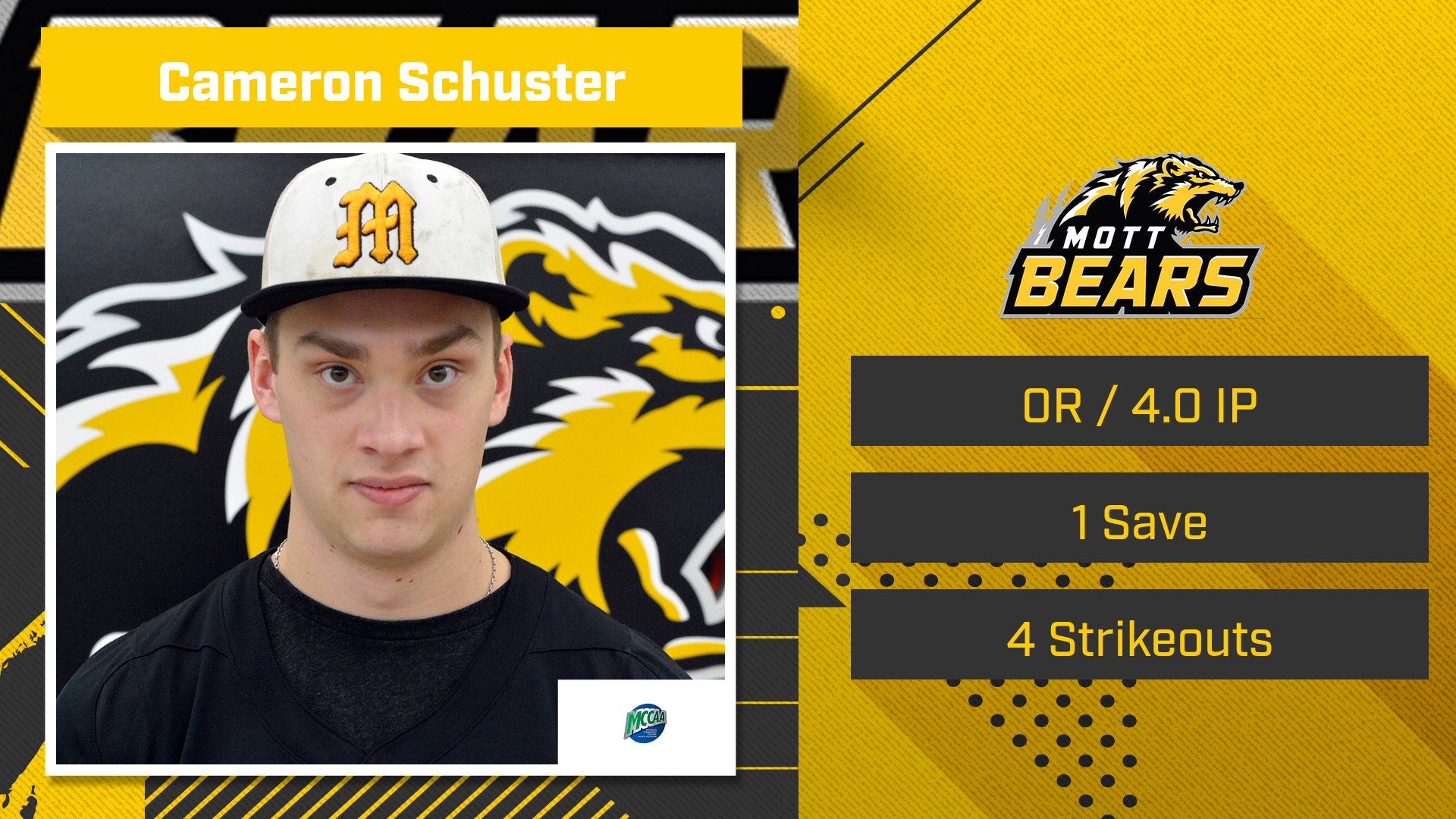Mott's Schuster is the MCCAA Eastern Conference Baseball Pitcher of the Week2