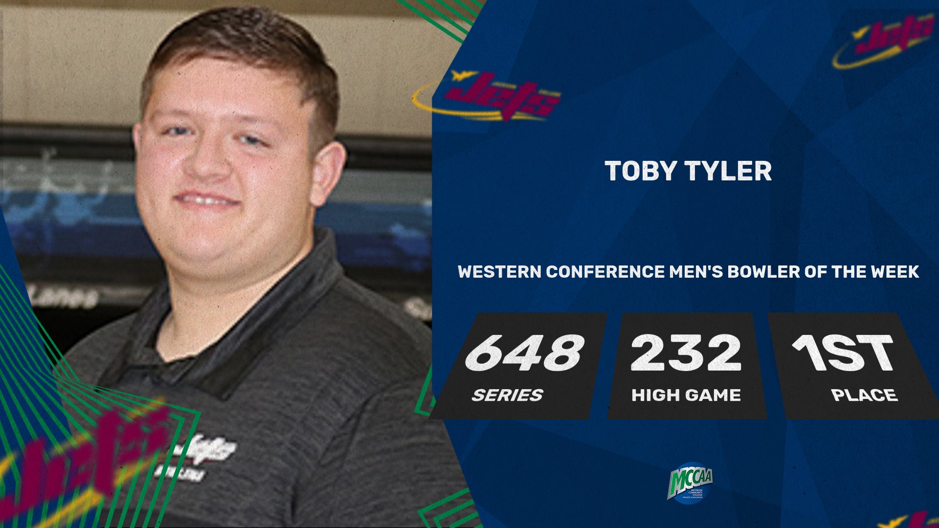 Toby Tyler, MCCAA Western Conference Men's Bowler of the Week, Jackson College
