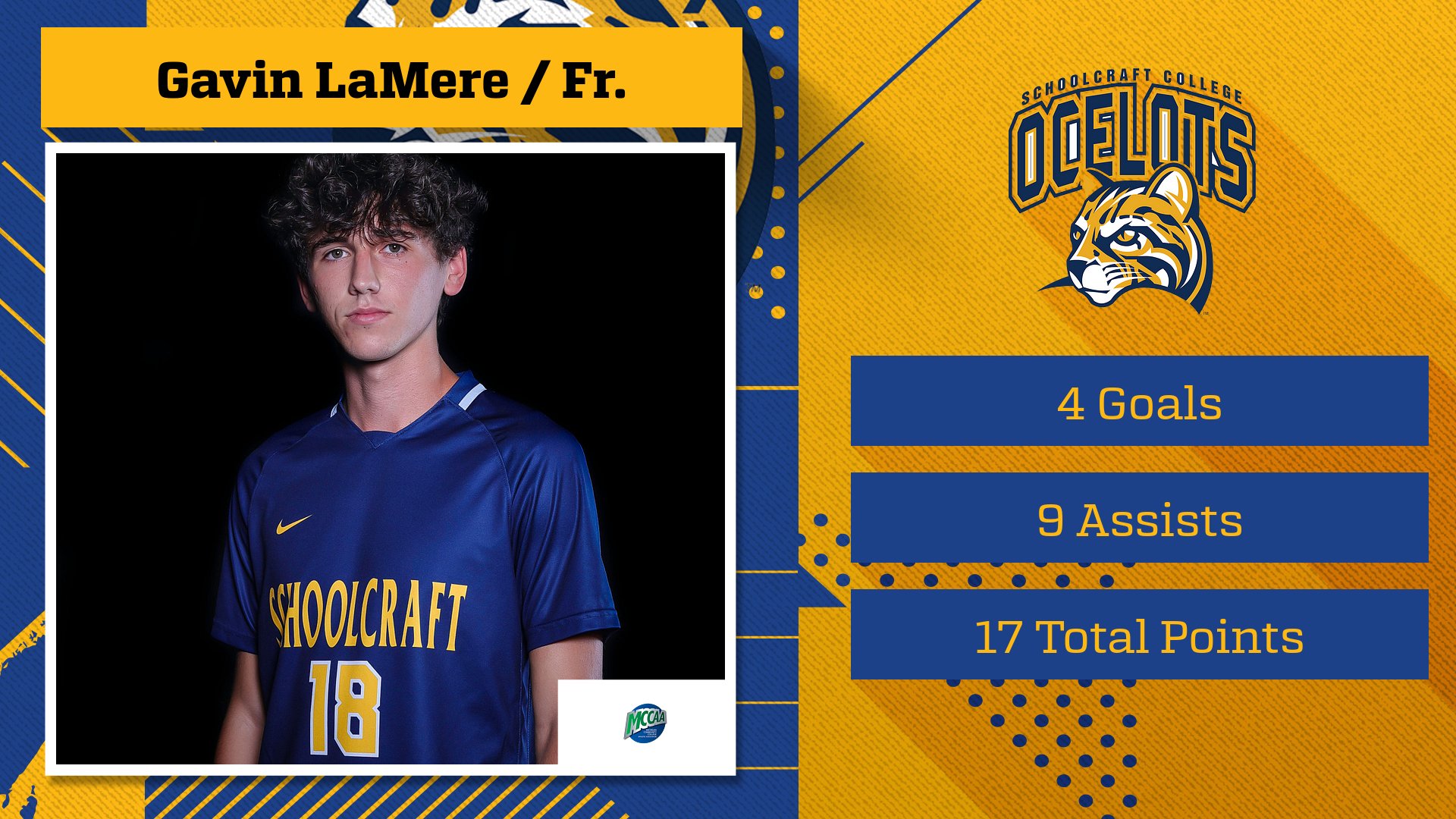 Gavin LaMere, Schoolcraft College, is the MCCAA Men's Soccer Player of the Week#5