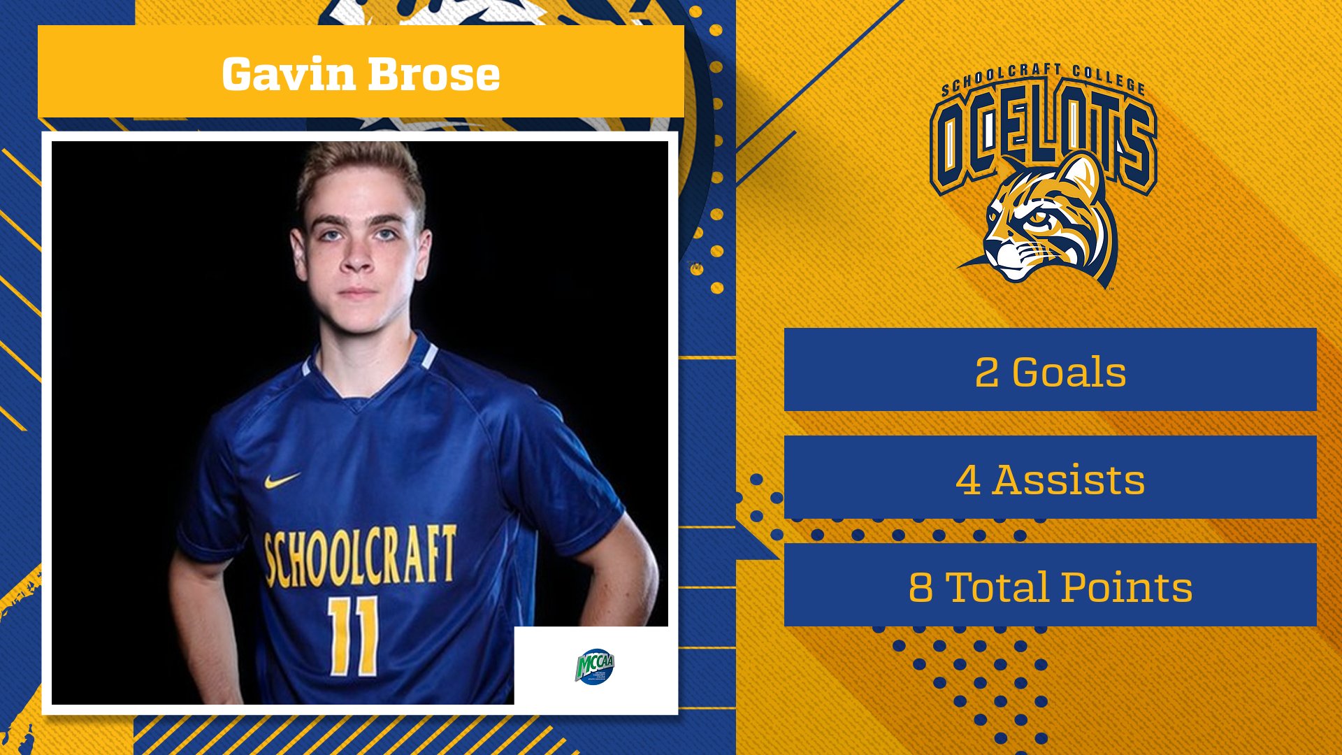 Gavin Brose, Schoolcraft College, is the MCCAA Men's Soccer Player of the Week