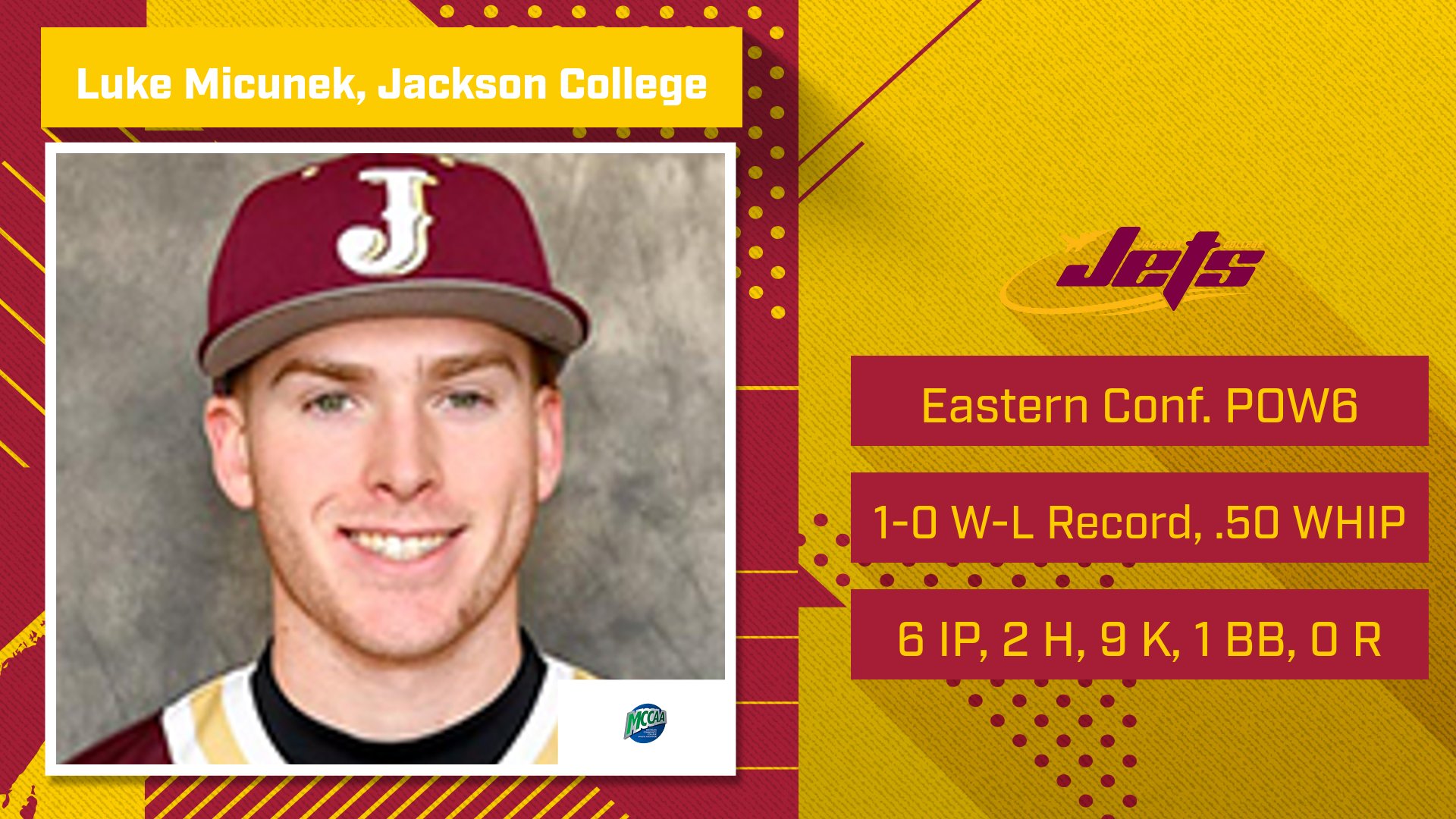 Jackson's Micunek Makes MCCAA Eastern Conference Baseball Pitcher of the Week Debut