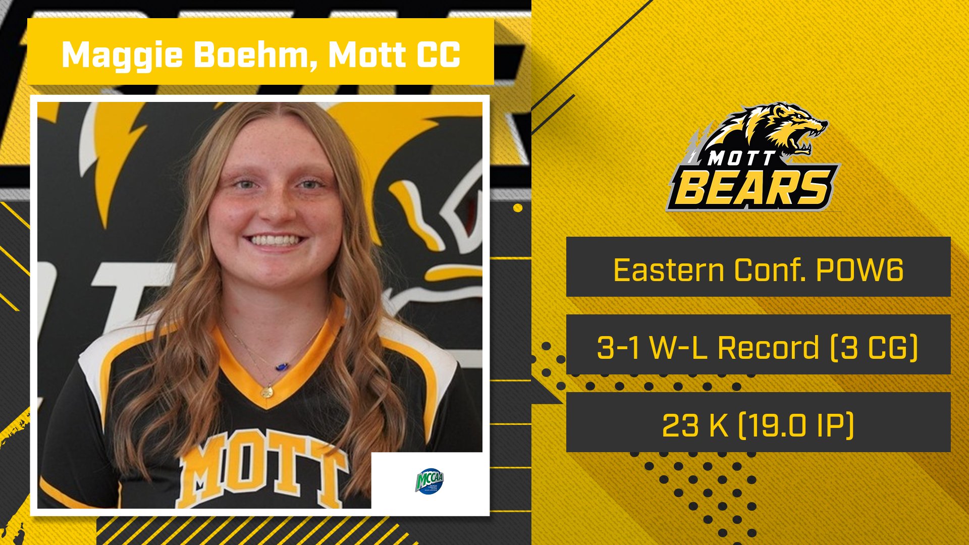 Mott's Maggie Boehm Debuts as MCCAA Eastern Conference Softball Pitcher of the Week6