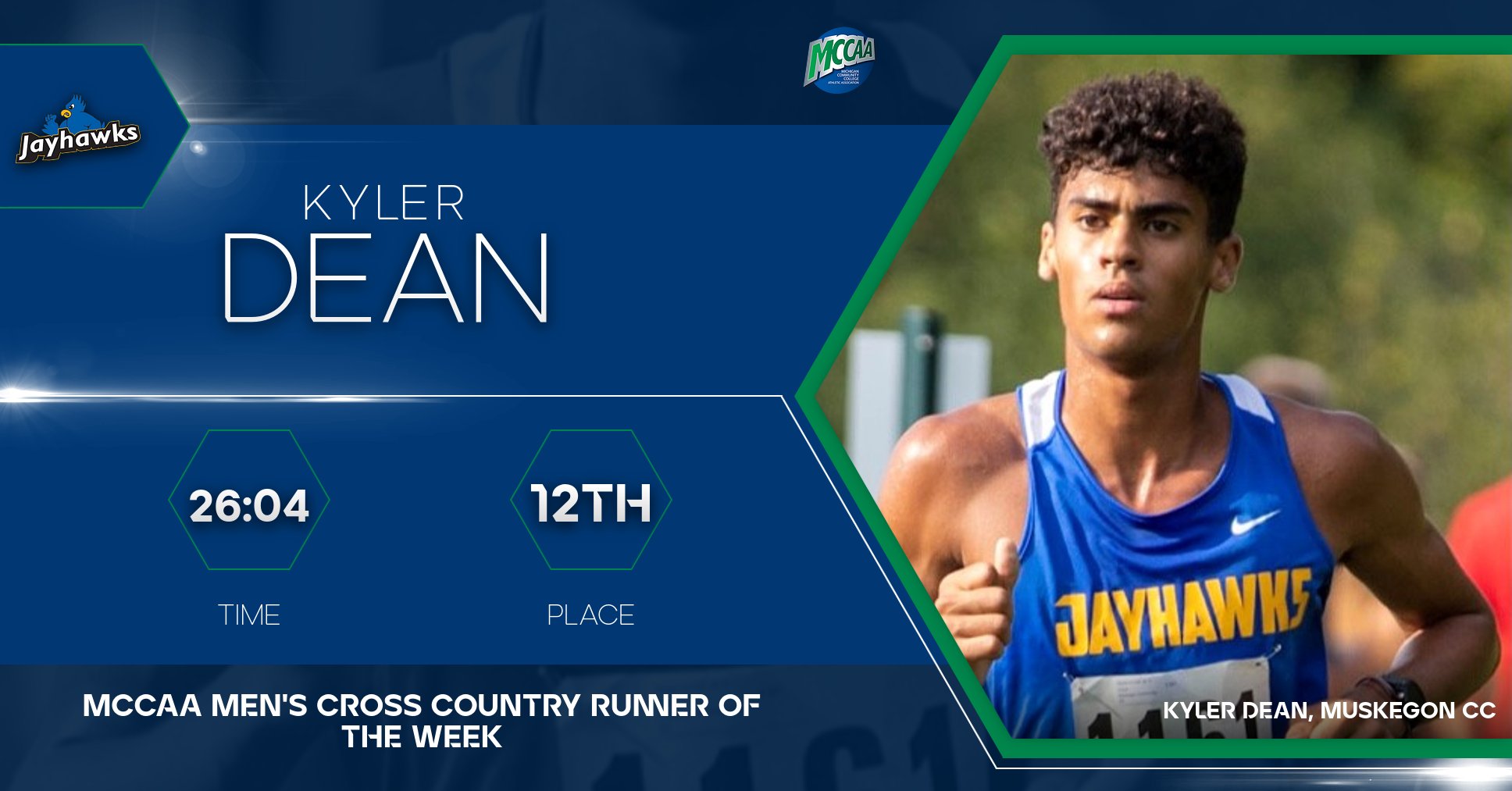 Kyler Dean, MCCAA Men's Cross Country Runner of the Week. Muskegon CC
