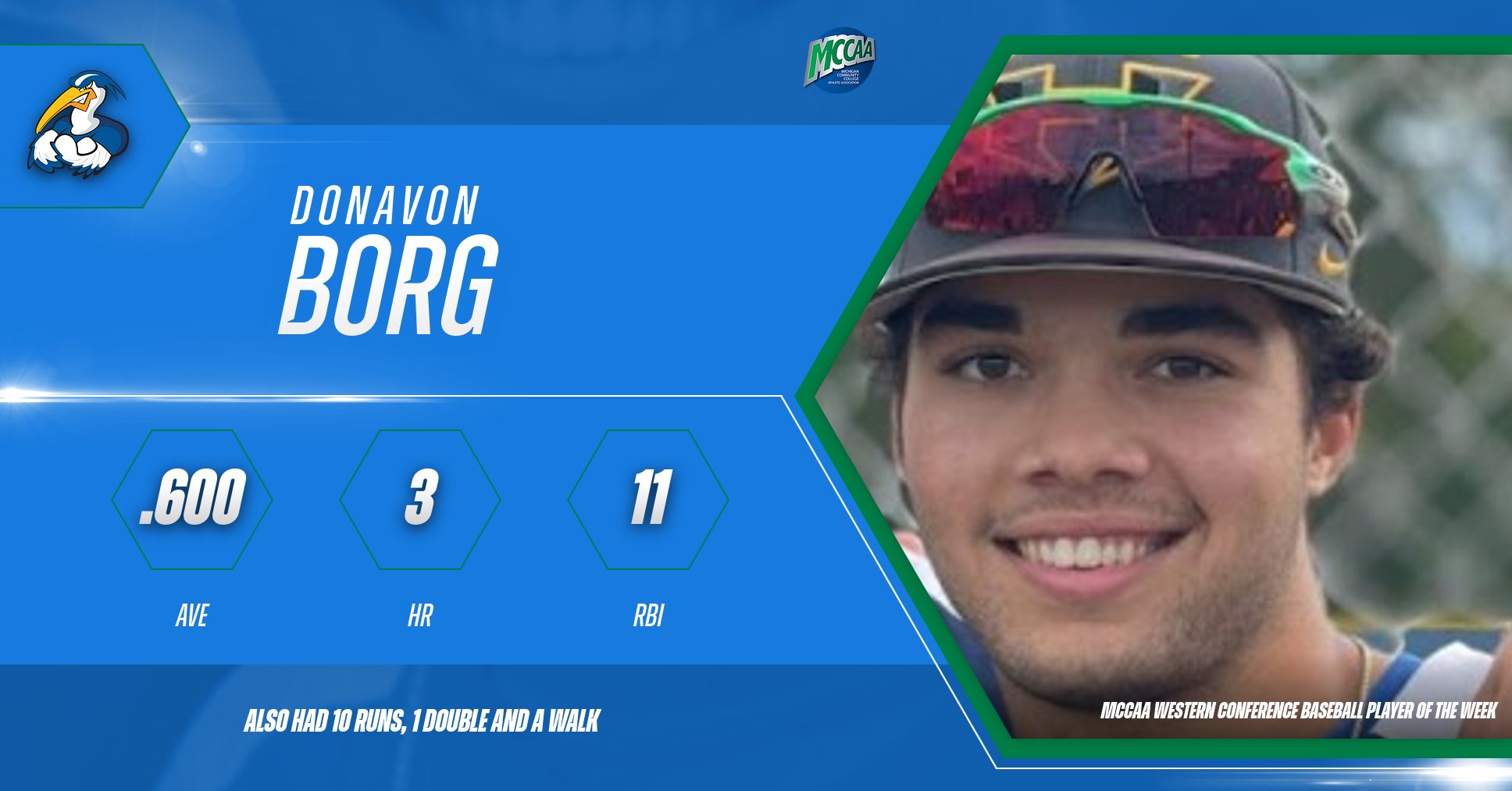 Donavon Borg, MCCAA Western Conference Baseball Player of the Week, Mid Michigan College