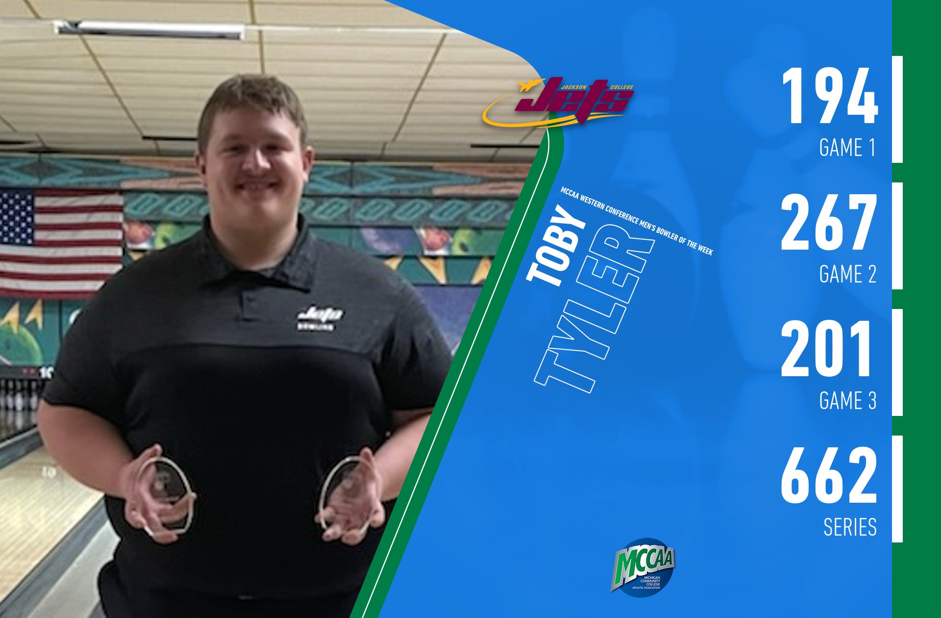 Toby Tyler, MCCAA Western Conference Men's Bowler of the Wee, Jackson College