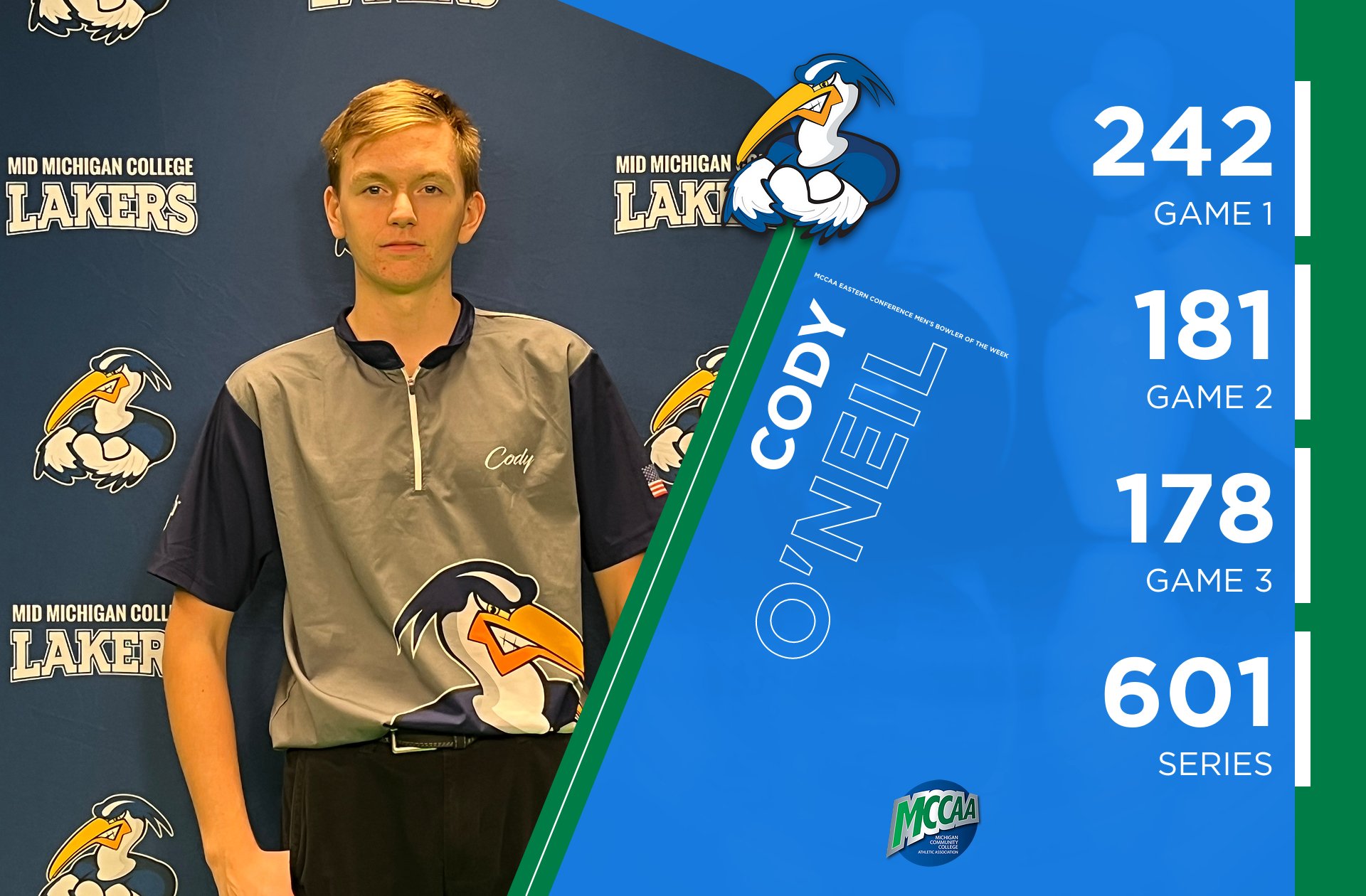 Cody O'Neil, MCCAA Eastern Conference Men's Bowler of the Week, Mid Michigan College