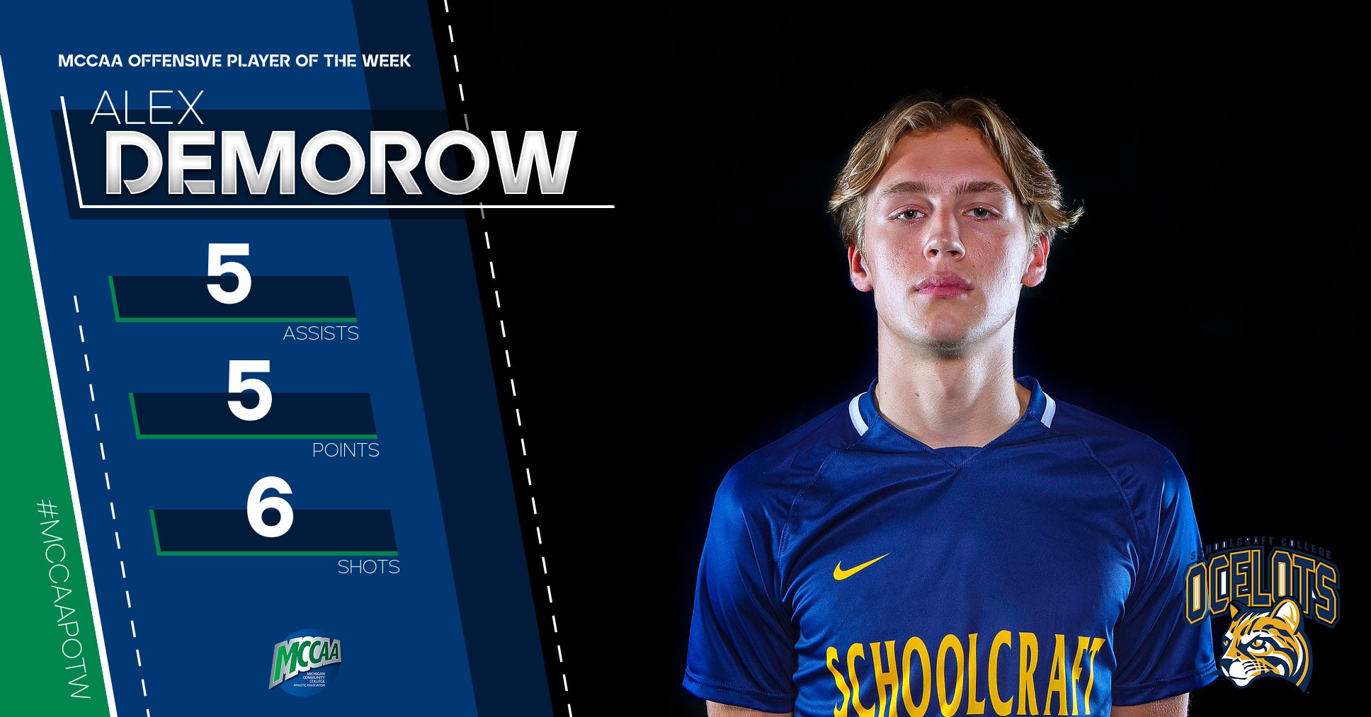 Alex Demorow, MCCAA Men's Soccer Offensive Player of the Week, Schoolcraft College.