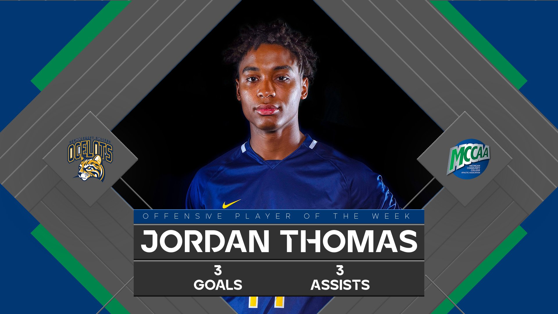 Jordan Thoams, MCCAA Men's Soccer Offensive Player of the Week, Schoolcraft College