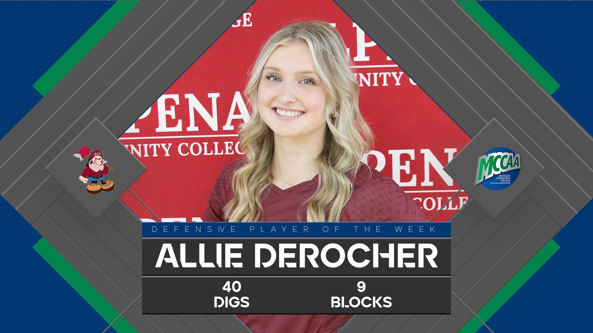 Allie DeRocher, MCCAA Northern Conference Defensive Player of the Week, Alpena CC