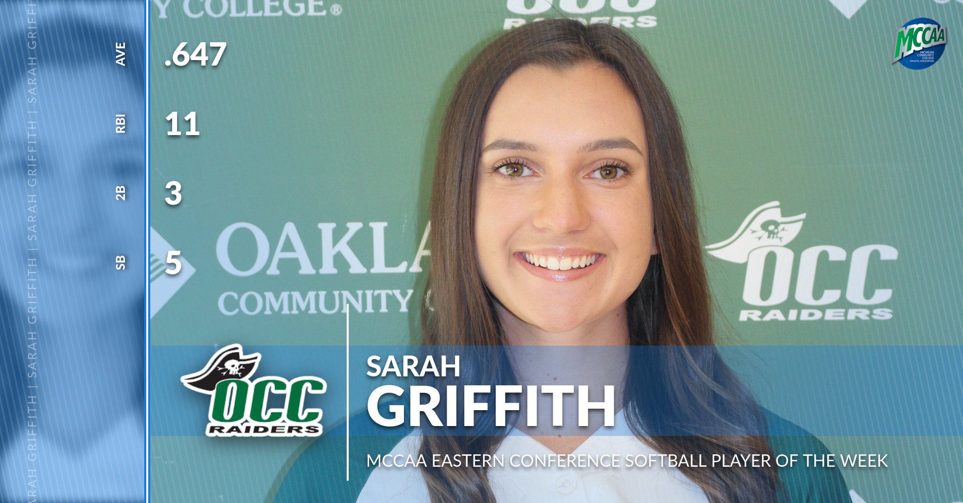 Sarah Griffith, MCCAA Eastern Conference Softball Player of the Week, Oakland CC