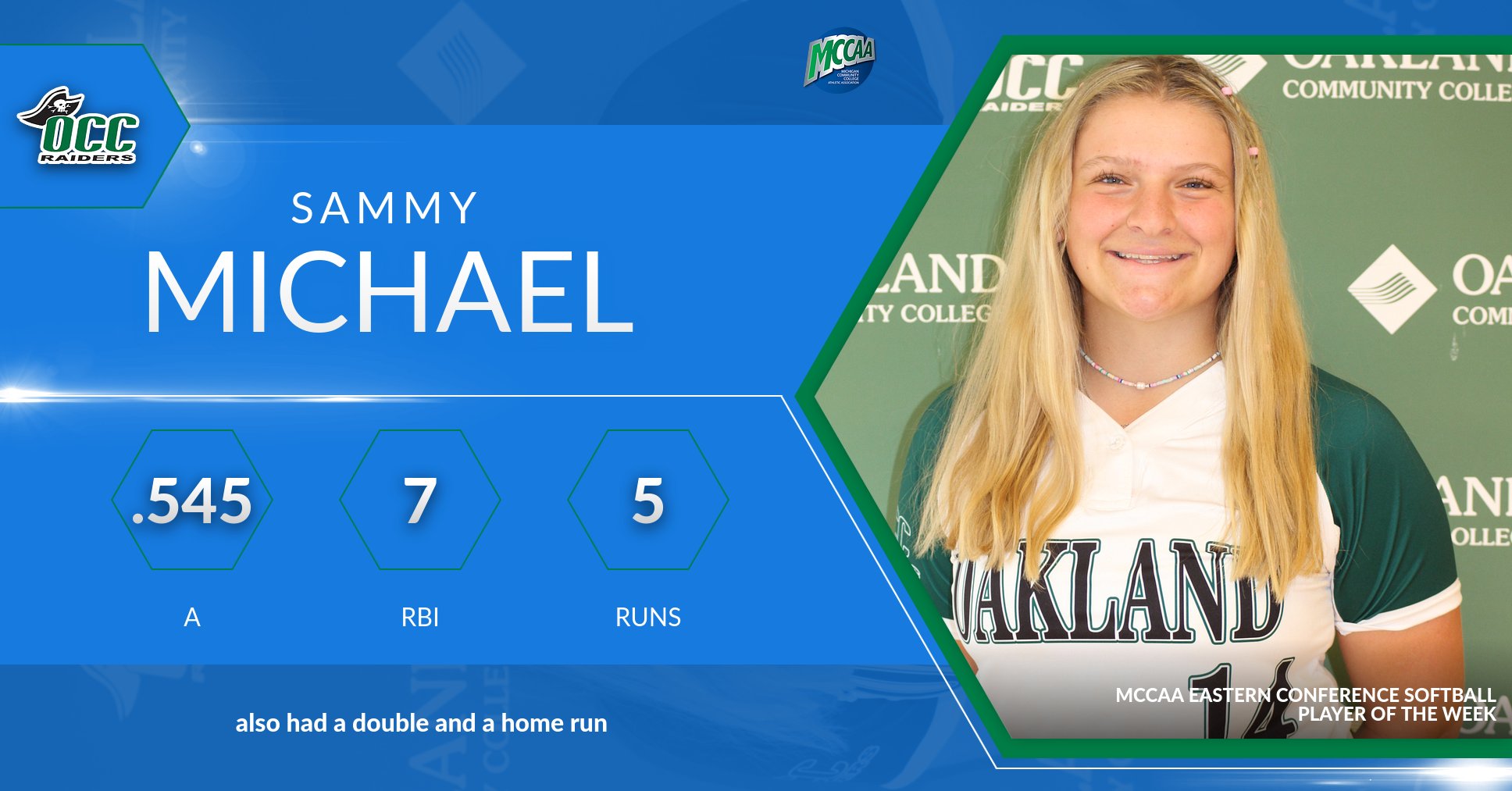 Sammy Michael, MCCAA Eastern Conference Softball Player of the Week, Oakland CC