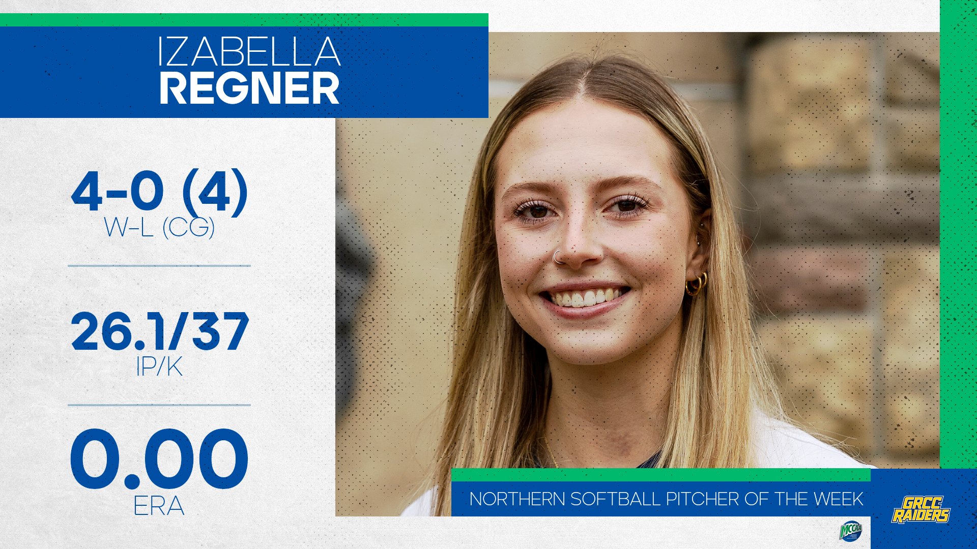 Isabella Regner, MCCAA Northern Conference Softball Pitcher of the Week, Grand Rapids CC