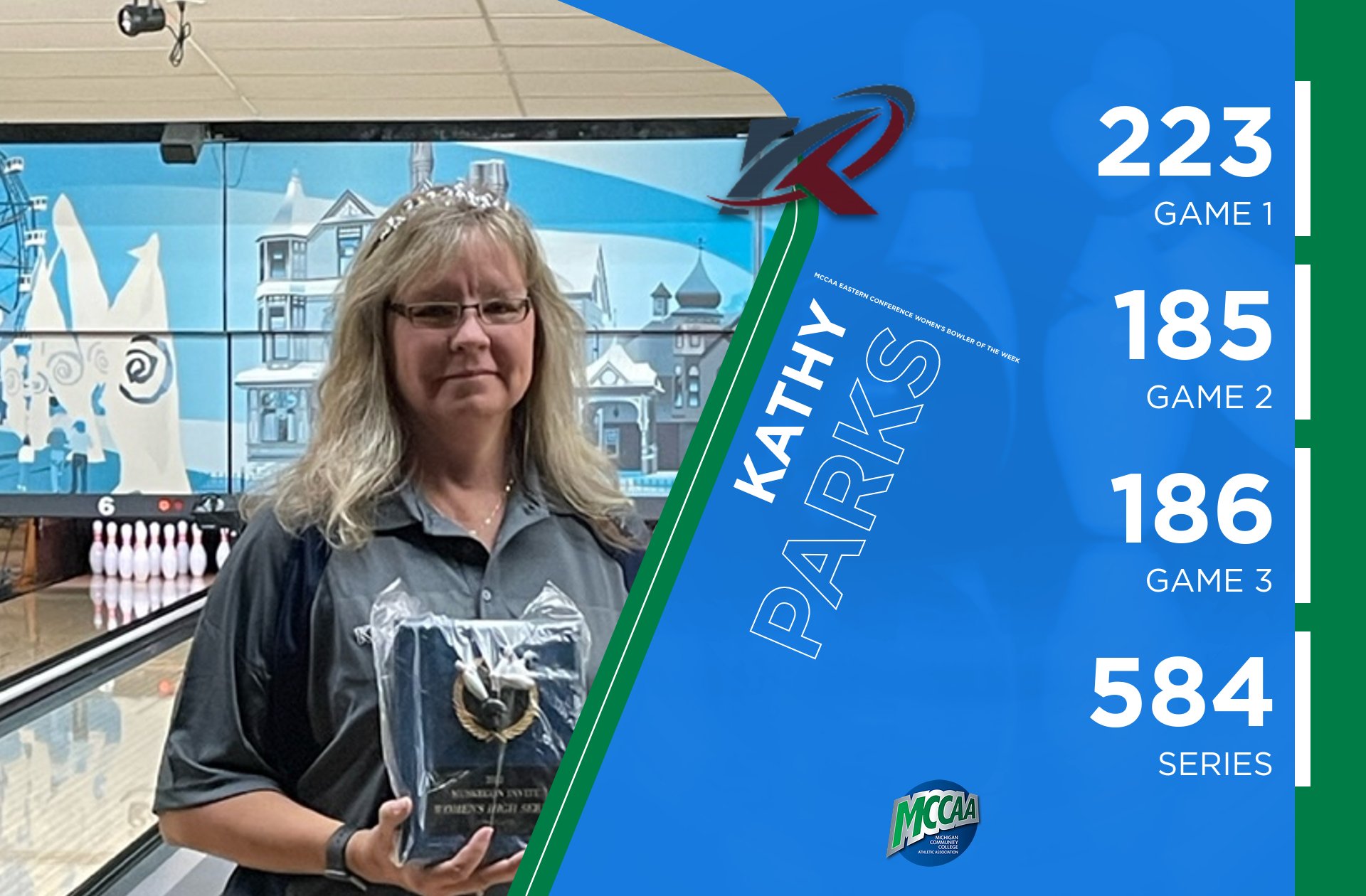 Kathy Parks, MCCAA Eastern Conference Women's Bowler of the Week, Kirtland CC