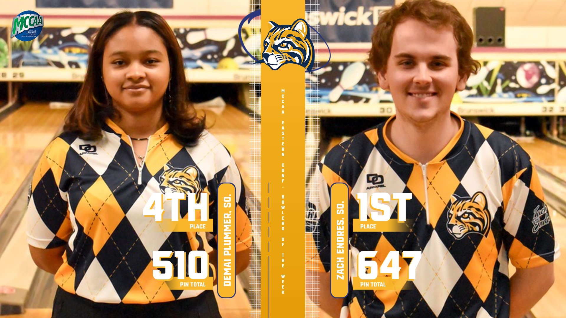 Endres, Plummer Give Schoolcraft Sweep of MCCAA Eastern Conference Weekly Bowler Citations
