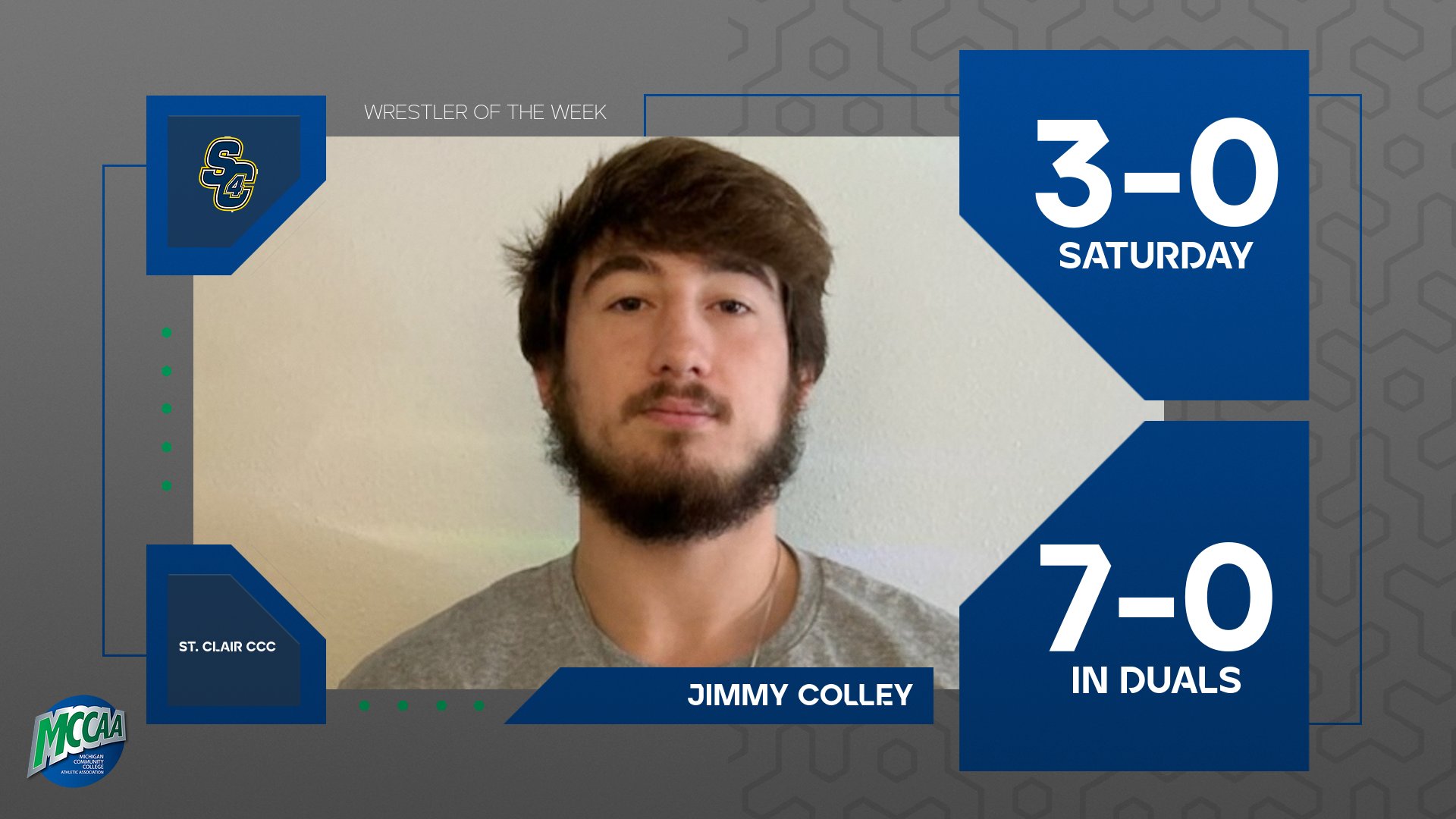 Jimmy Colley, MCCAA Wrestler of the Week, St. Clair County CC.