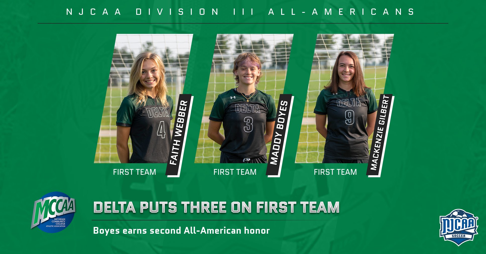 NJCAA Division III Women's Soccer First Team All-Americans, Faith Webber, Maddy Boyes, Mackenzie Gilbert of Delta College