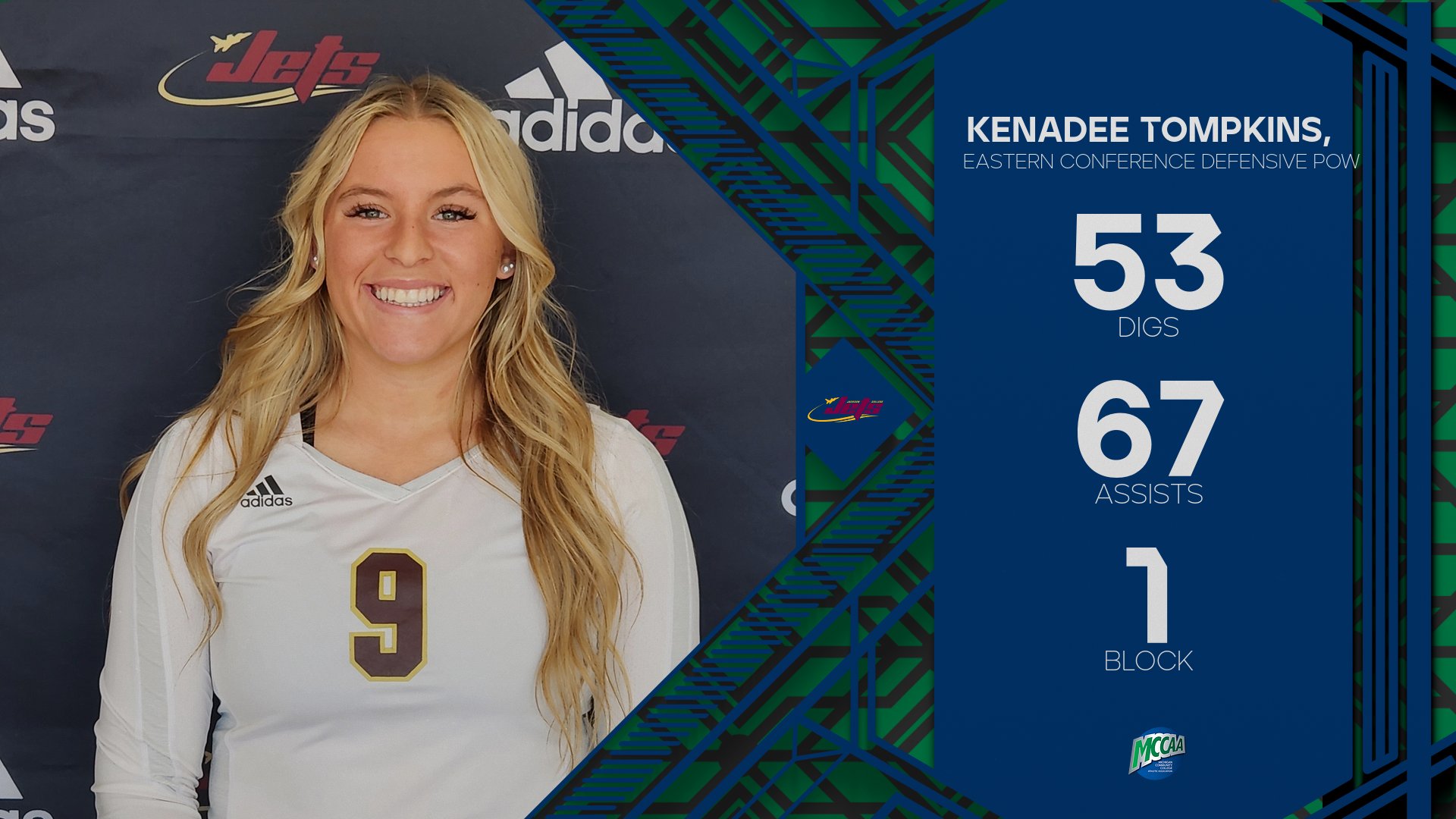 Kenadee Tompkins, MCCAA Eastern Conference Volleyball Defensive Player of the Week, Jackson College