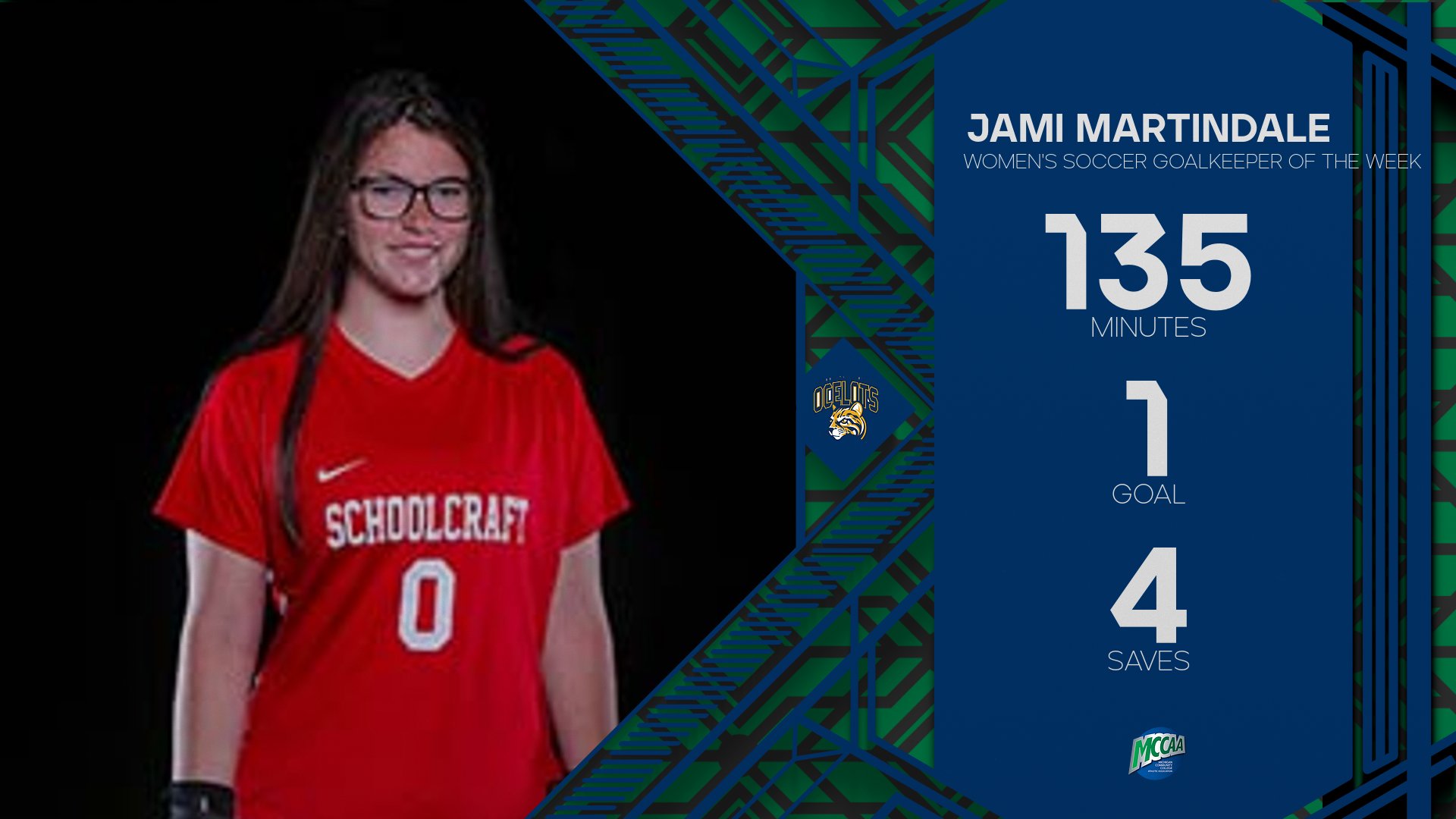 Jami Martindale, MCCAA Women's Soccer Goalkeeper of the Week, Schoolcraft College