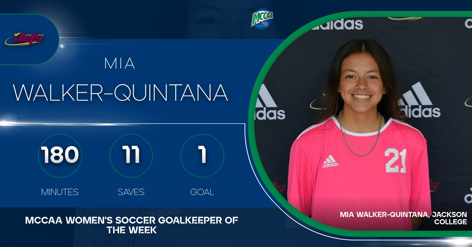Mia Walker-Quintana, MCCAA Women's Soccer Goalkeeper of the Week, jackson College