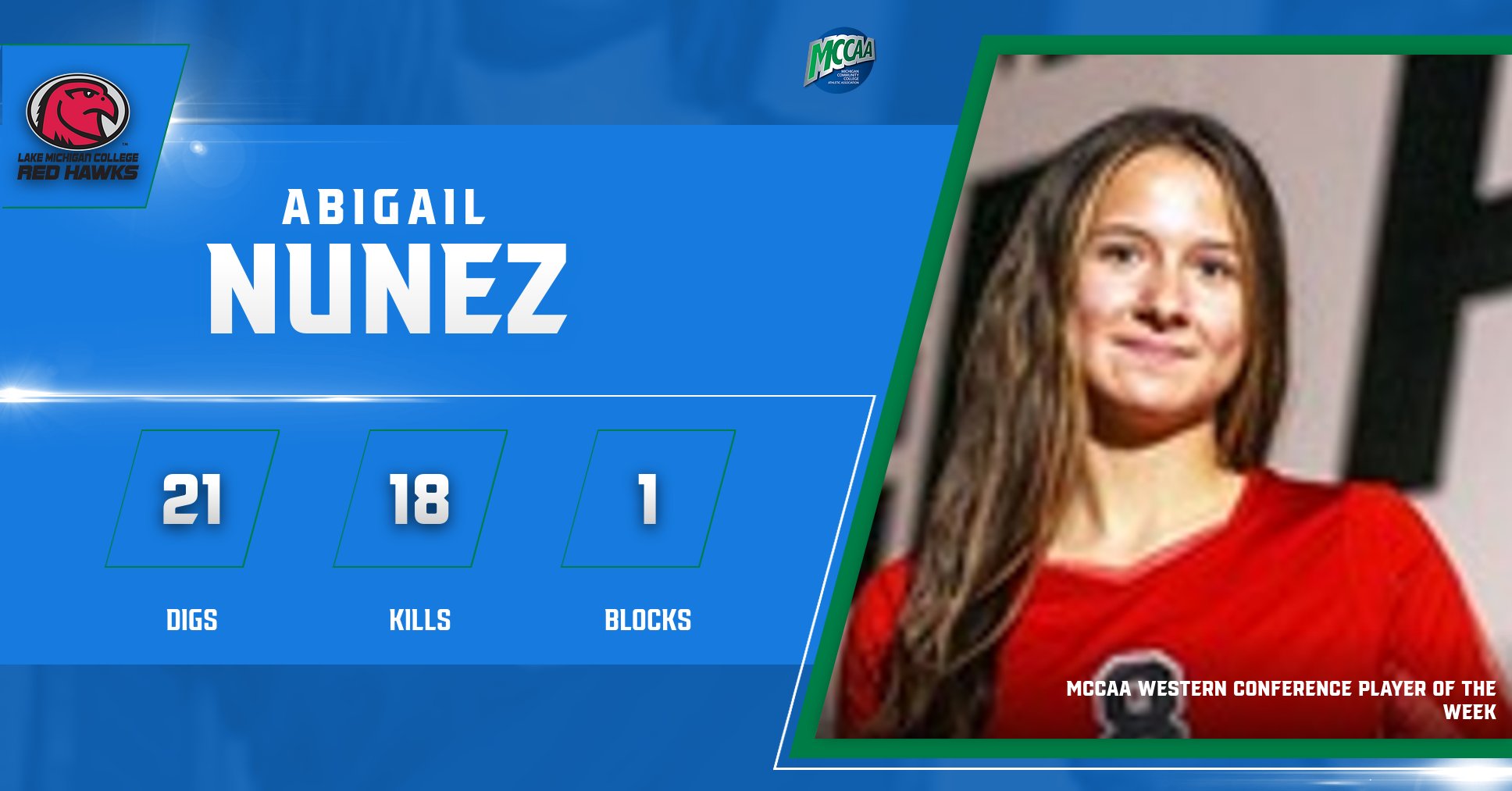 Abigail Nunez, MCCAA Western Conference Volleyball Player of the Week, Lake Michigan College